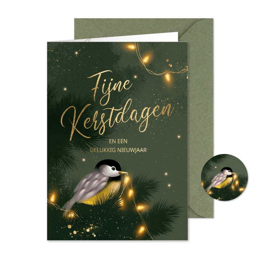 Kerstkaart vogeltje kerst lichtjes - Kaartimpressie