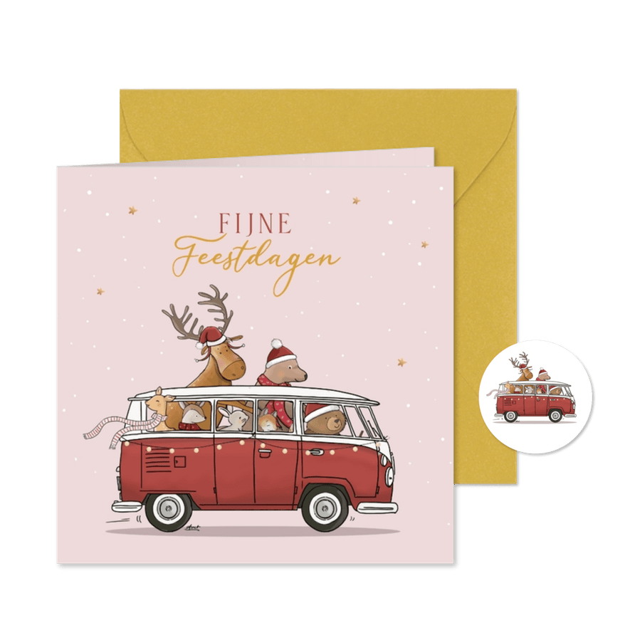 Kerstkaart Volkswagen busje met bosdieren - Kaartimpressie