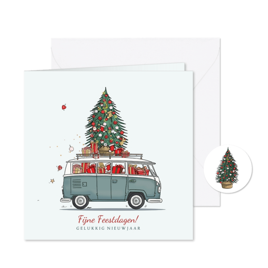 Kerstkaart volkswagenbusje met kerstboom - Kaartimpressie