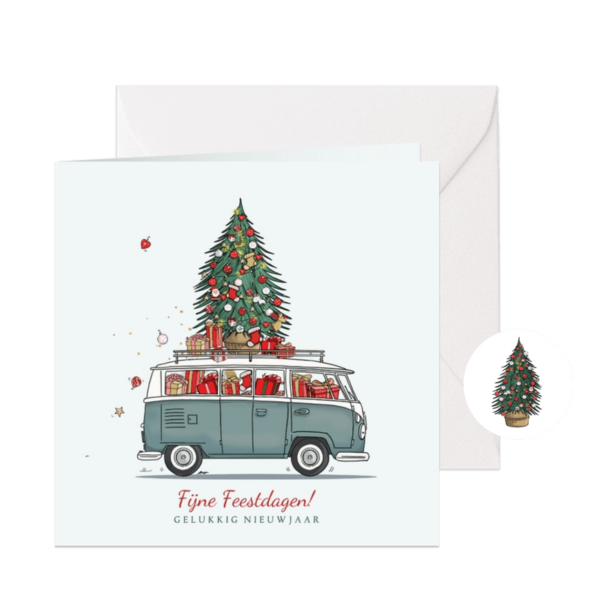 Kerstkaart volkswagenbusje met kerstboom - Kaartimpressie