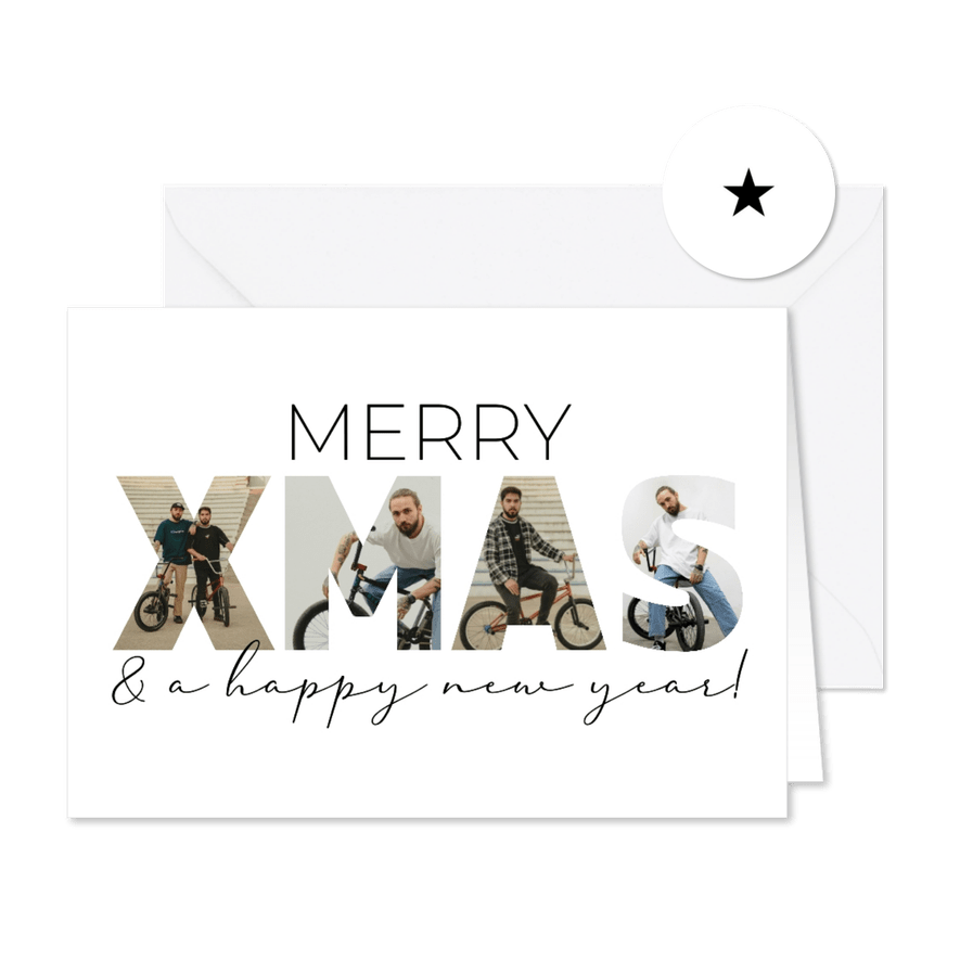 Kerstkaart voor bedrijf letters XMAS met eigen foto's erin - Kaartimpressie
