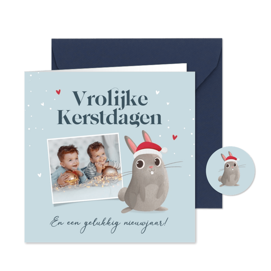 Kerstkaart voor kinderen konijn hartjes foto vrolijk - Kaartimpressie