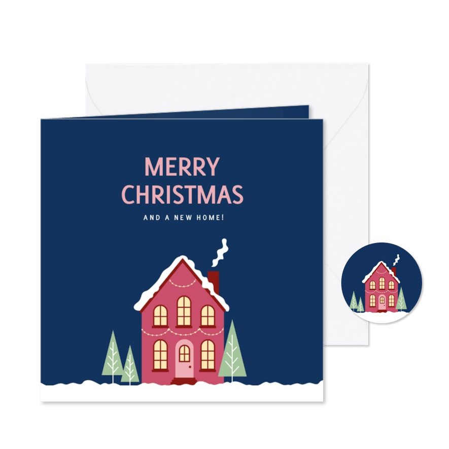 Kerstkaart voor verhuizing met een huisje in de nacht - Kaartimpressie