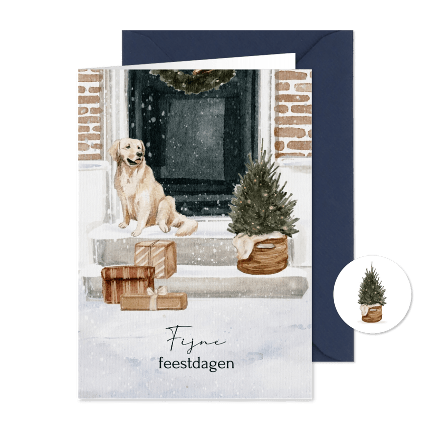 Kerstkaart voordeur blonde labrador cadeautjes - Kaartimpressie