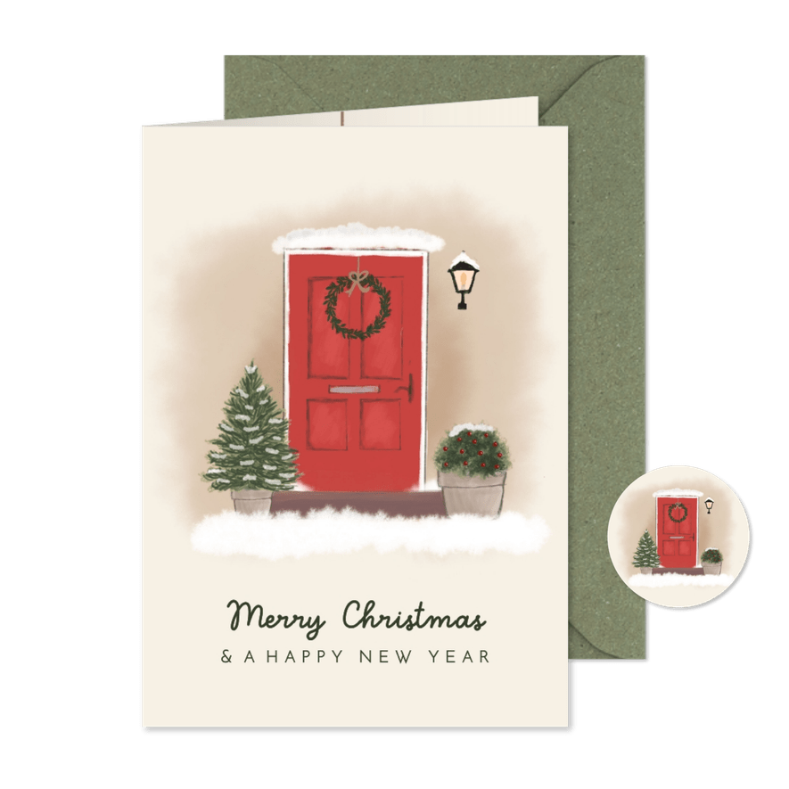 Kerstkaart voordeur met kerstboom en kerstkrans - Kaartimpressie
