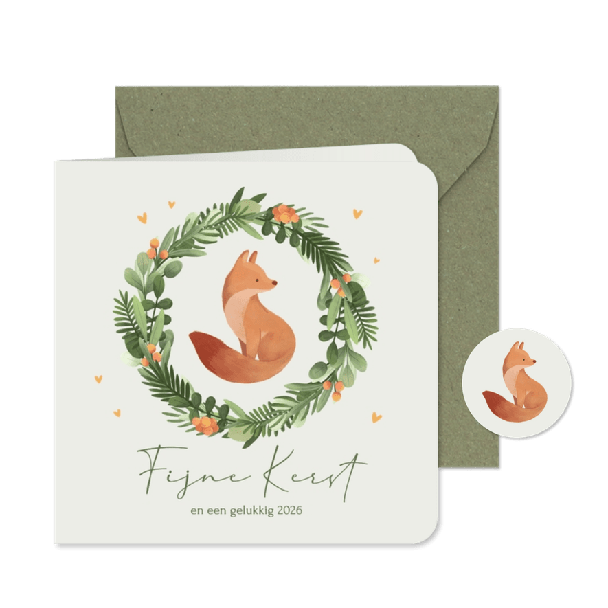 Kerstkaart vos fijne kerst kerstkrans winter illustratie - Kaartimpressie