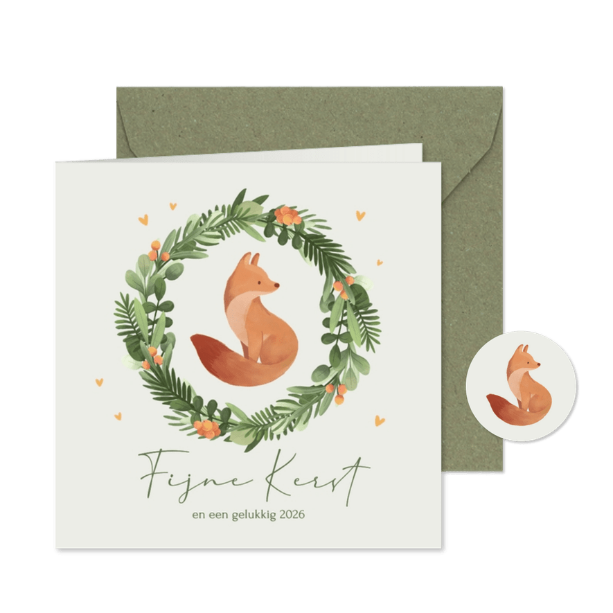 Kerstkaart vos fijne kerst kerstkrans winter illustratie - Kaartimpressie
