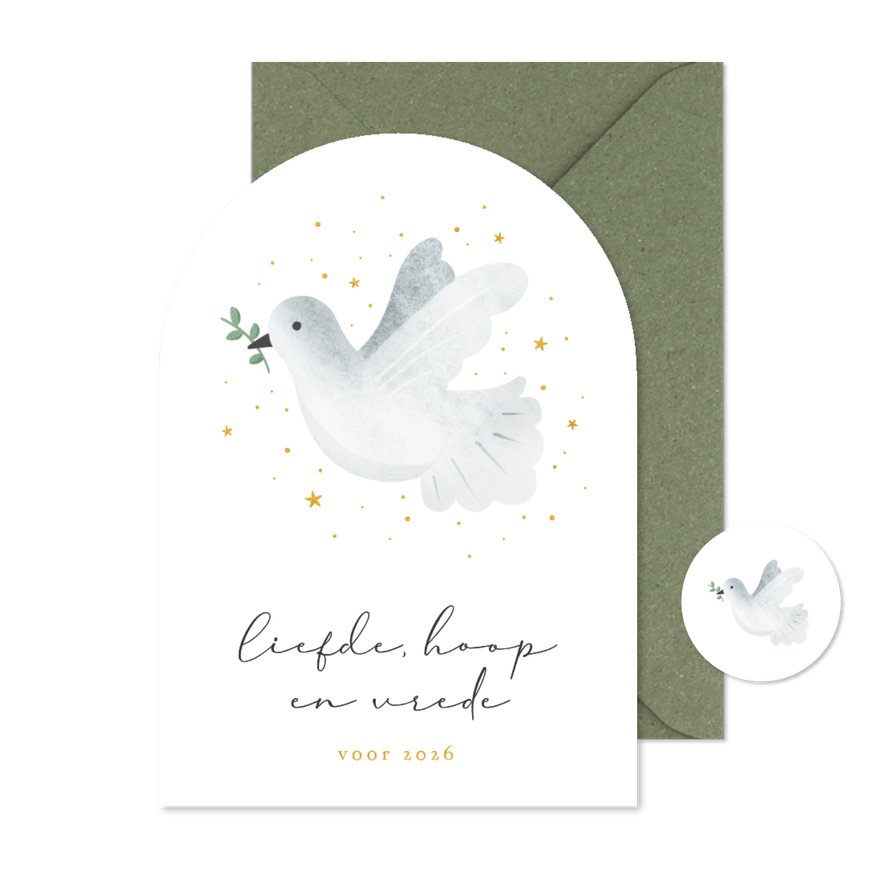 Kerstkaart vrede & hoop - met witte vredesduif met takje - Kaartimpressie