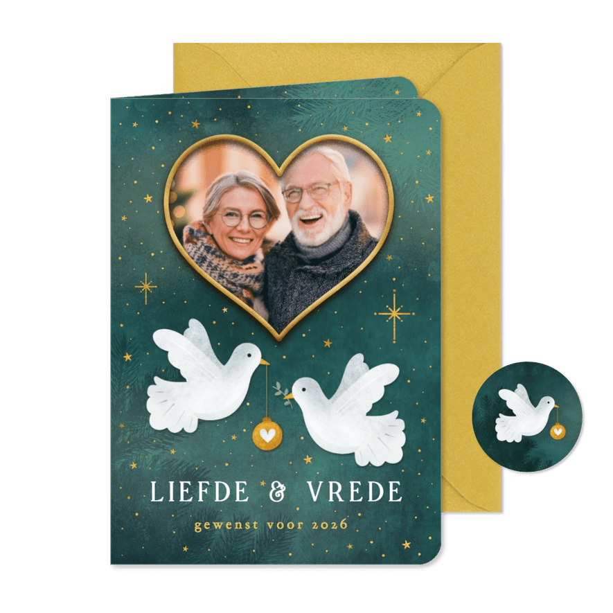 Kerstkaart vrede en liefde met vredesduif en foto in hartje - Kaartimpressie