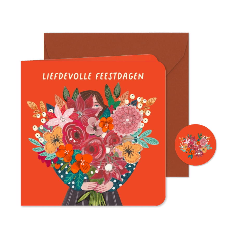 Kerstkaart vrolijk bloemen boeket - Kaartimpressie