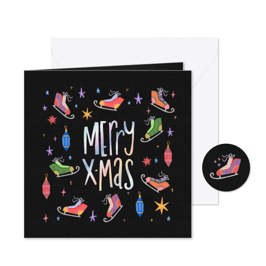 Kerstkaart vrolijk gekleurde schaatsen zwart - Kaartimpressie