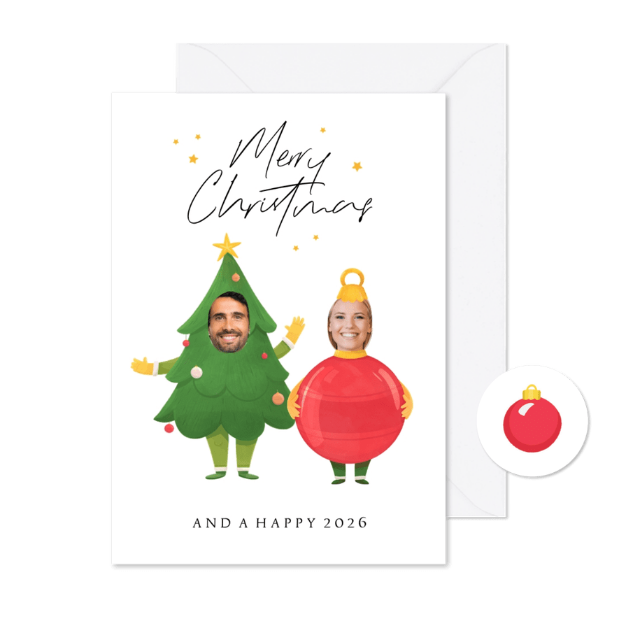 Kerstkaart vrolijk grappig kerstboom kerstbal sterren foto's - Kaartimpressie