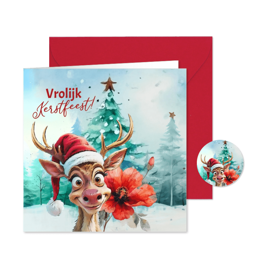 Kerstkaart vrolijk hertje kerstroos - Kaartimpressie