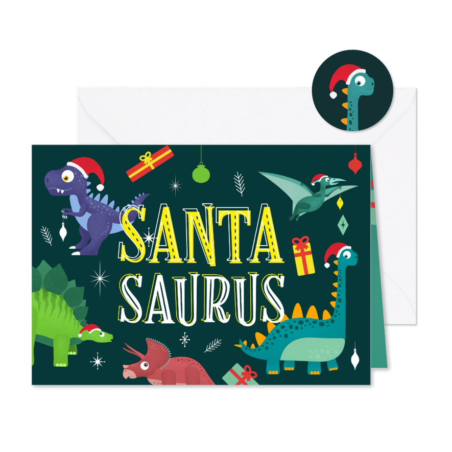Kerstkaart vrolijk hip dinosaurus feest humor kinderen - Kaartimpressie