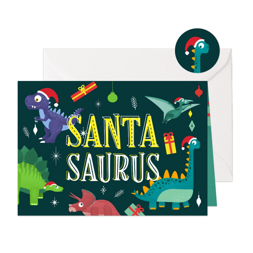 Kerstkaart vrolijk hip dinosaurus feest humor kinderen  - Kaartimpressie