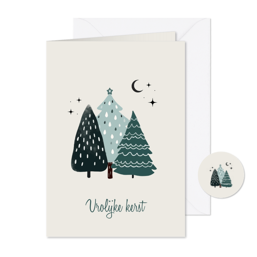 Kerstkaart vrolijk kerst groene kerstbomen - Kaartimpressie