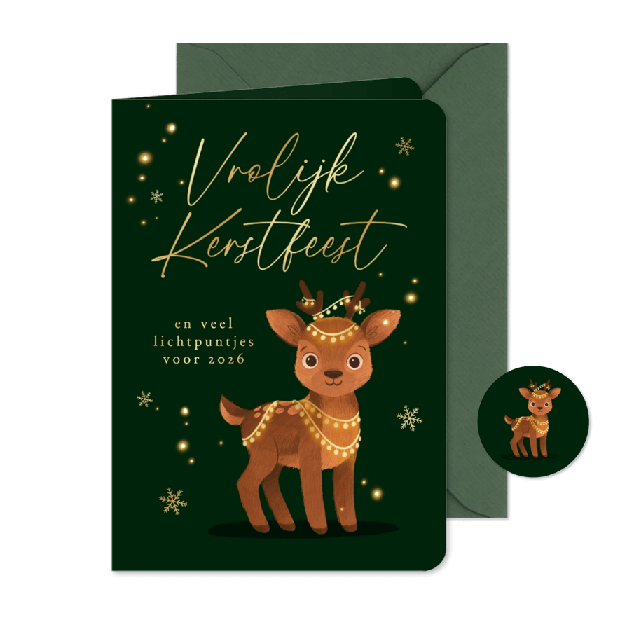 Kerstkaart vrolijk kerstfeest hertje lampjes sneeuw - Kaartimpressie