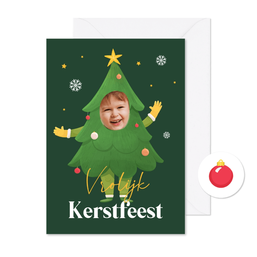 Kerstkaart vrolijk kerstfeest kerstboom foto sterren sneeuw - Kaartimpressie
