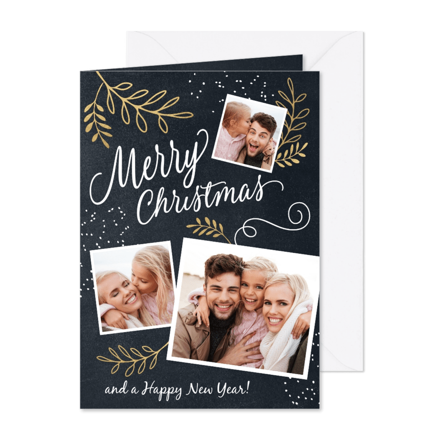 Kerstkaart vrolijk kersttakjes en 3 fotos - Kaartimpressie