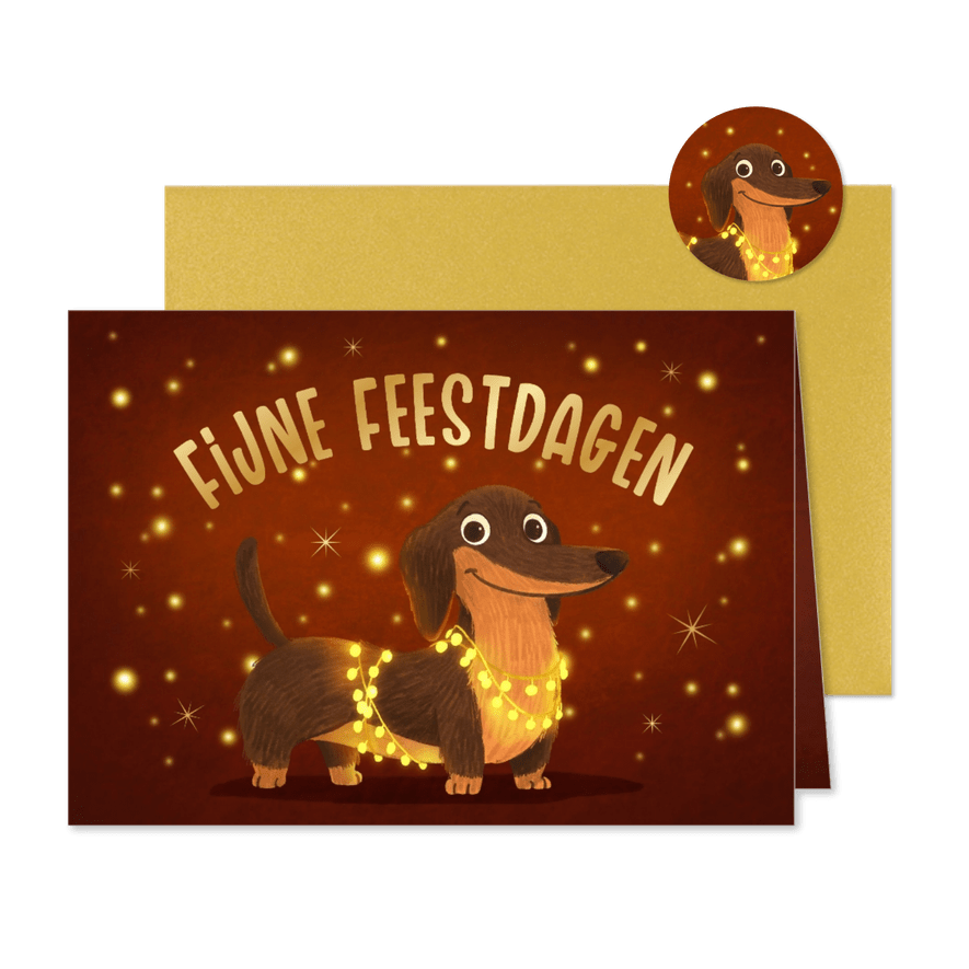 Kerstkaart vrolijk teckel hond lichtpuntjes fijne feestdagen - Kaartimpressie