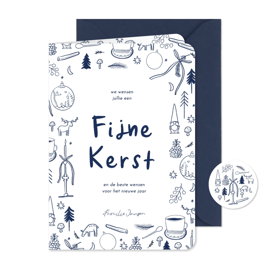 Kerstkaart vrolijke blauwe tekeningen fijne kerst - Kaartimpressie