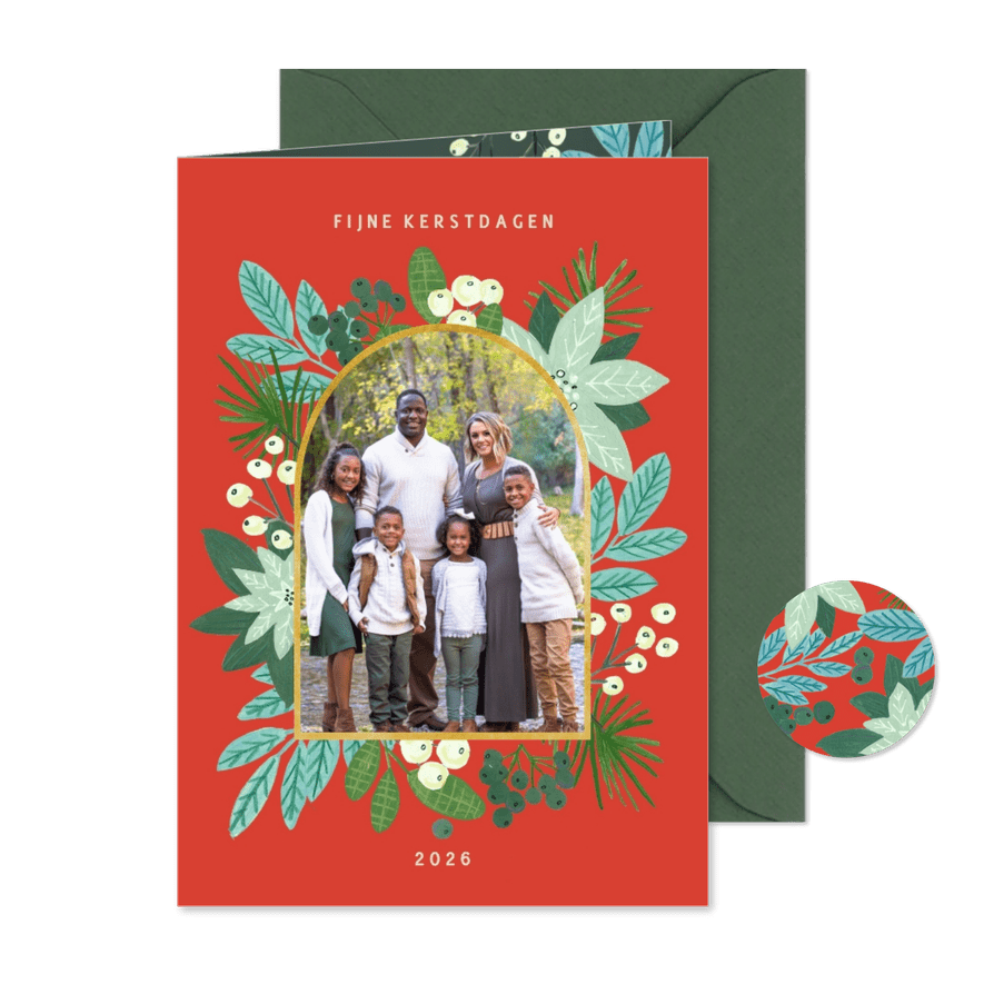 Kerstkaart vrolijke bloemen krans - Kaartimpressie