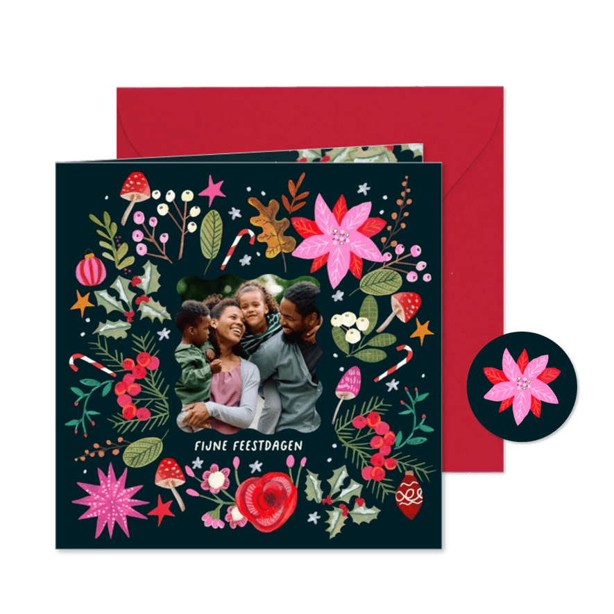 Kerstkaart vrolijke bloemen modern 2027 - Kaartimpressie