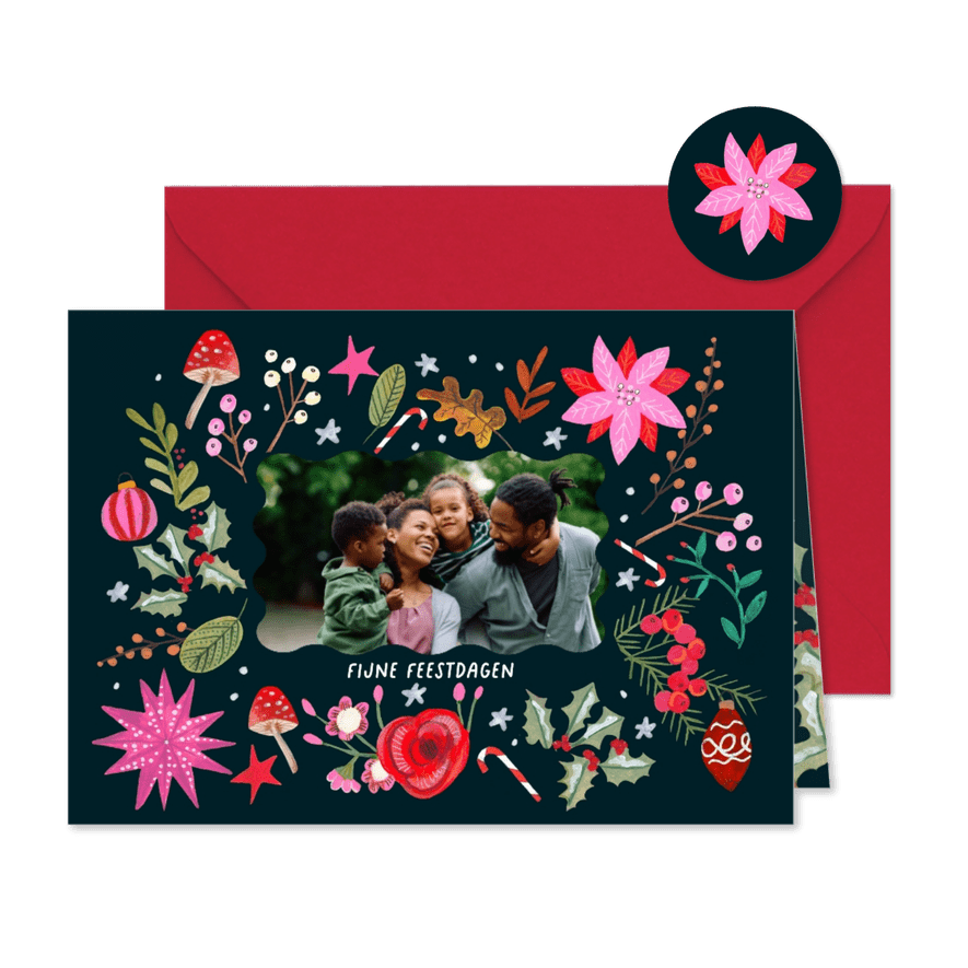 Kerstkaart vrolijke bloemen modern roze - Kaartimpressie