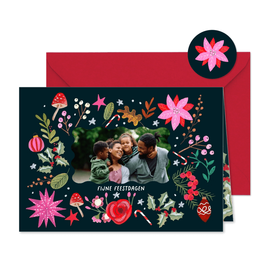 Kerstkaart vrolijke bloemen modern roze - Kaartimpressie