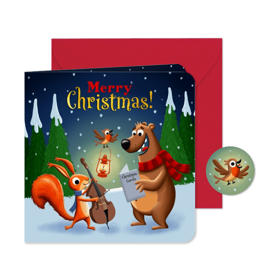 Kerstkaart vrolijke bosdieren zingen kerstliedjes! - Kaartimpressie