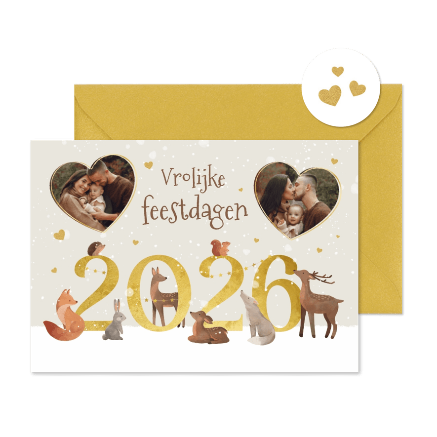 Kerstkaart vrolijke dieren 2026 jaartal liefde hartjes - Kaartimpressie