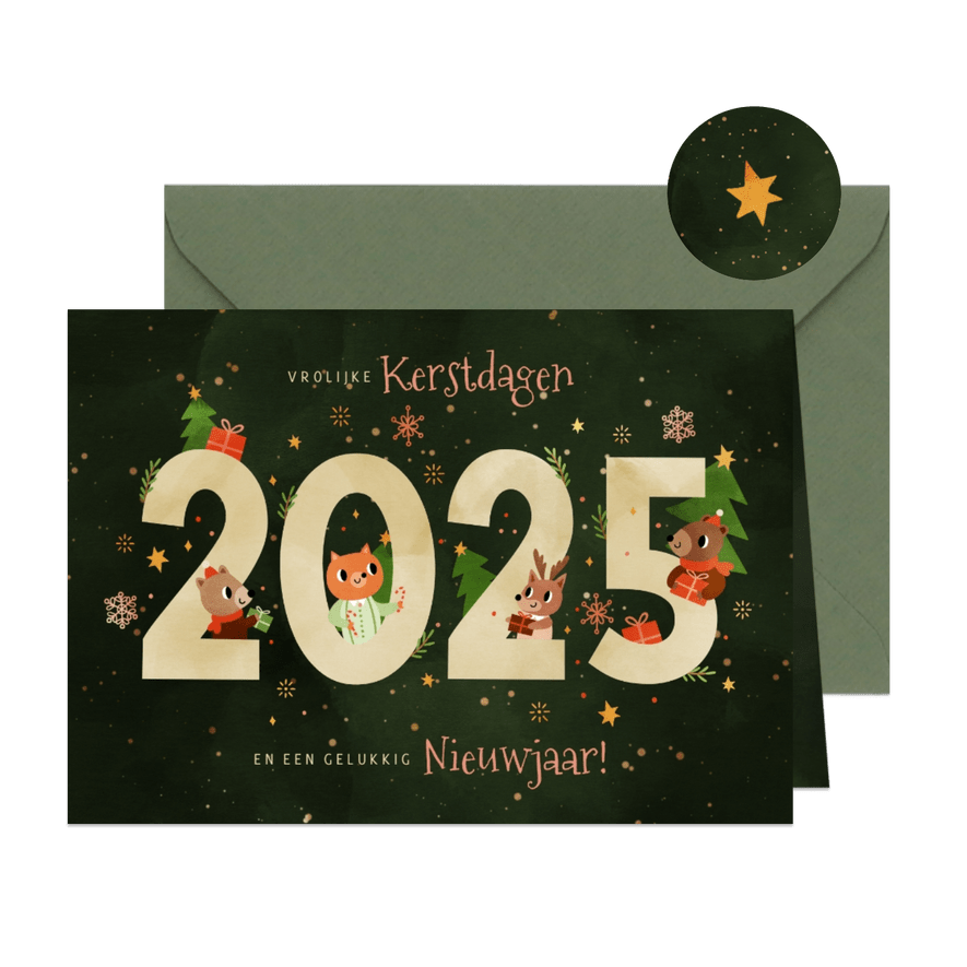 Kerstkaart vrolijke diertjes met cadeaus 2025 donkergroen  - Kaartimpressie