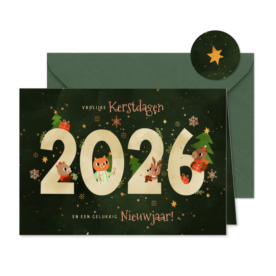 Kerstkaart vrolijke diertjes met cadeaus 2026 donkergroen  - Kaartimpressie