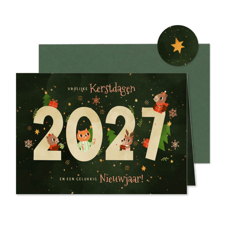 Kerstkaart vrolijke diertjes met cadeaus 2027 donkergroen  - Kaartimpressie