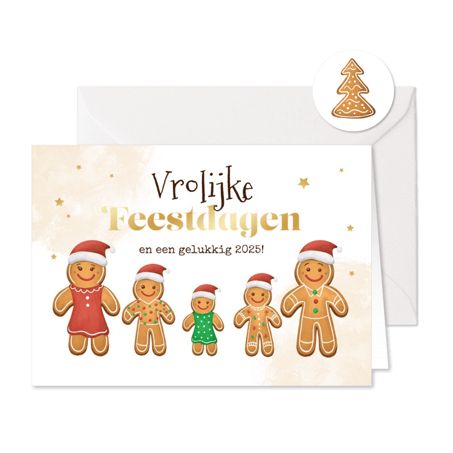 Kerstkaart vrolijke feestdagen gingerbread familie - Kaartimpressie