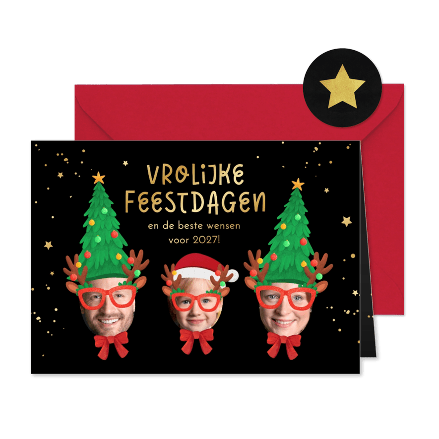 Kerstkaart vrolijke feestdagen kerstmuts bril humor - Kaartimpressie