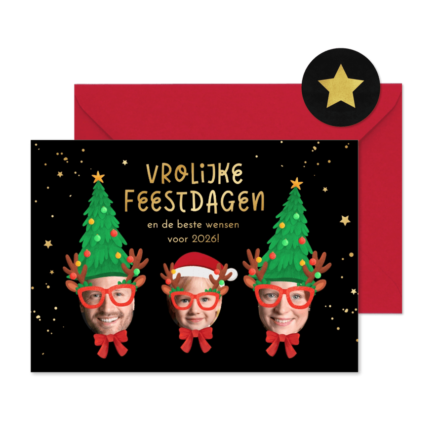 Kerstkaart vrolijke feestdagen kerstmuts bril humor - Kaartimpressie