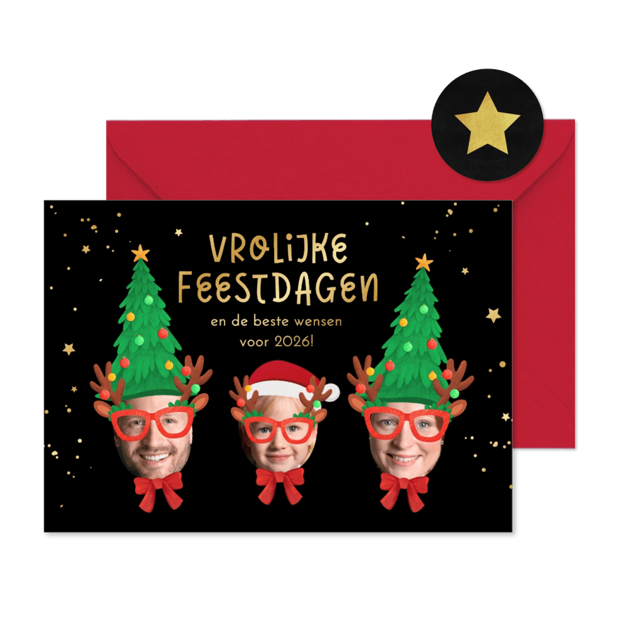 Kerstkaart vrolijke feestdagen kerstmuts bril humor - Kaartimpressie