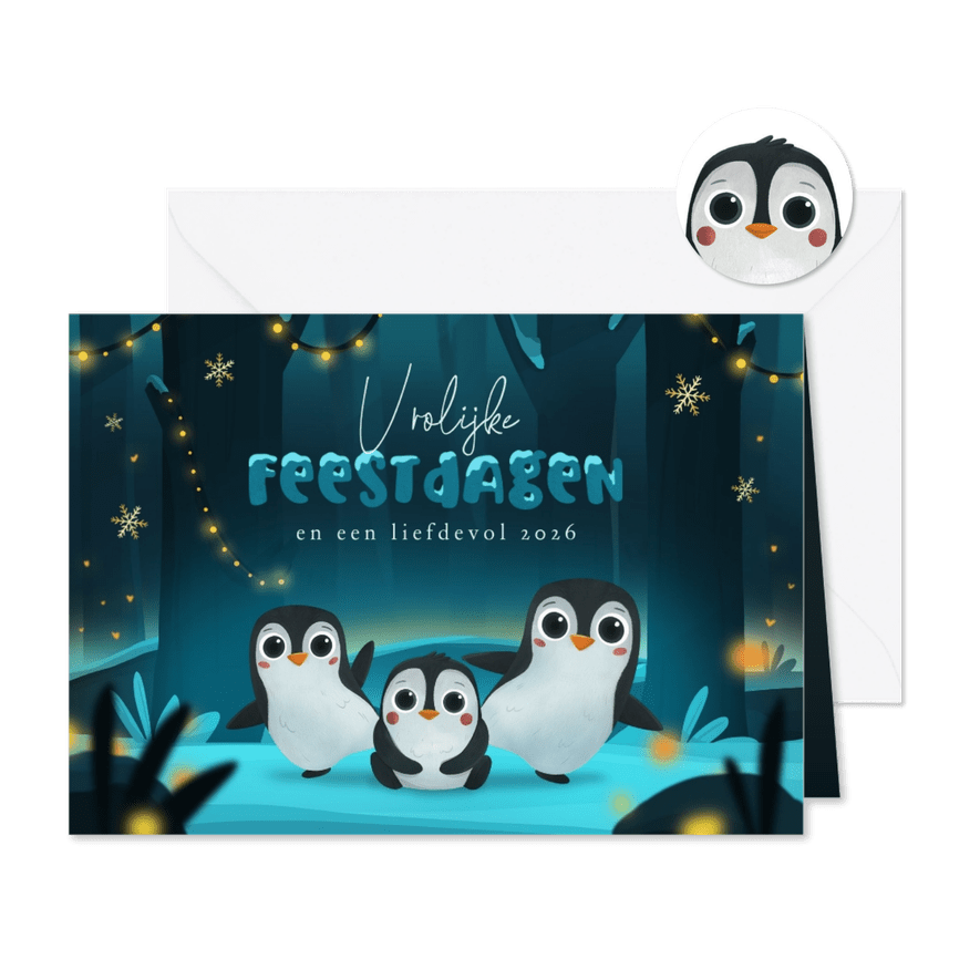 Kerstkaart vrolijke feestdagen pinguïns kinderen winter - Kaartimpressie