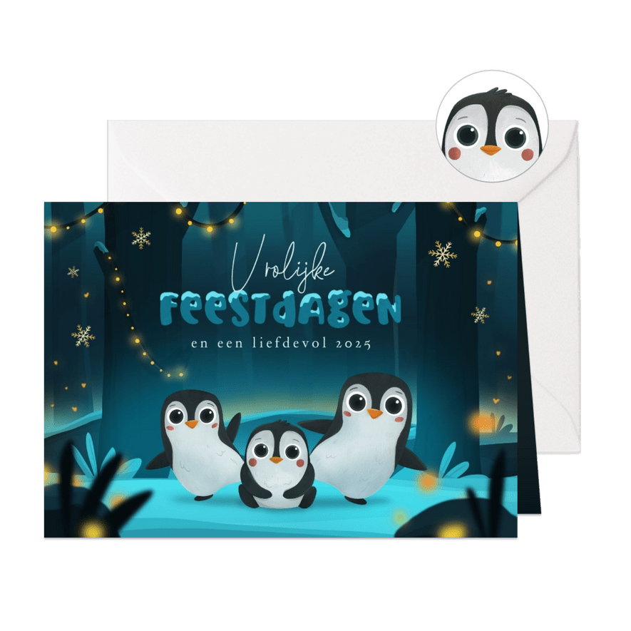 Kerstkaart vrolijke feestdagen pinguïns kinderen winter - Kaartimpressie