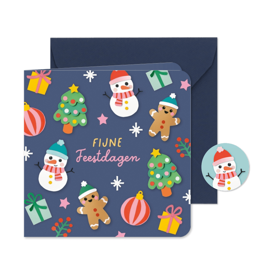 Kerstkaart vrolijke figuren donkerblauw - Kaartimpressie