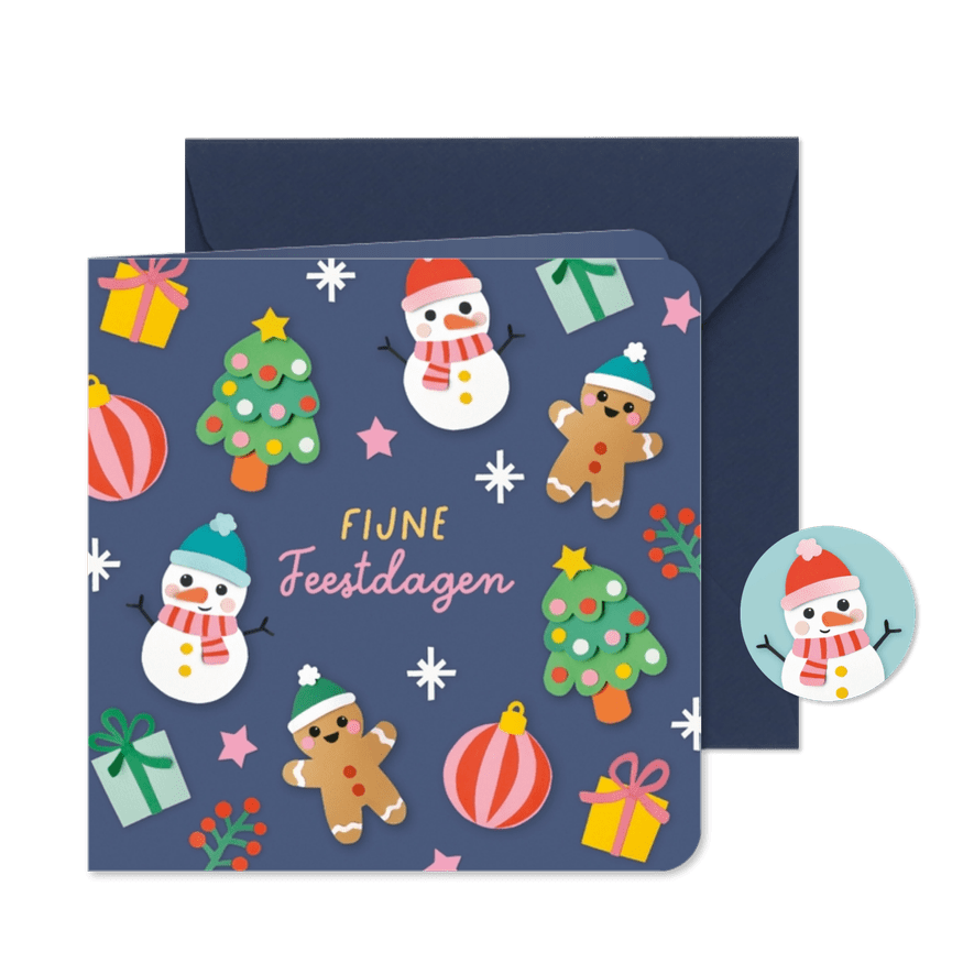 Kerstkaart vrolijke figuren donkerblauw - Kaartimpressie