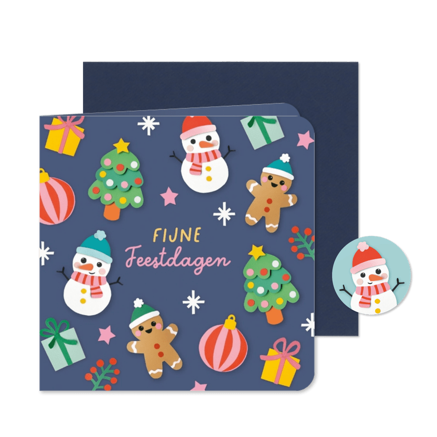 Kerstkaart vrolijke figuren donkerblauw - Kaartimpressie