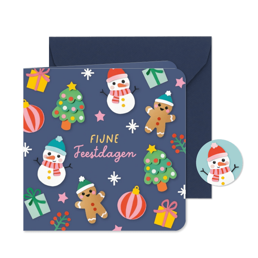 Kerstkaart vrolijke figuren donkerblauw - Kaartimpressie