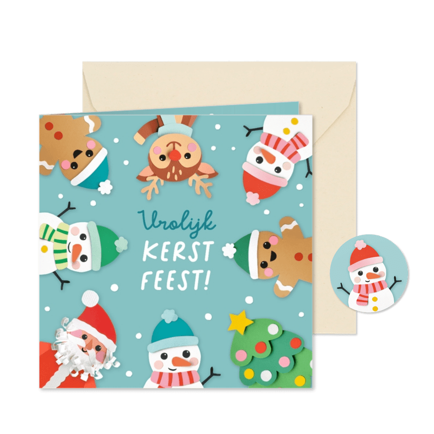 Kerstkaart vrolijke figuren en sneeuw - Kaartimpressie