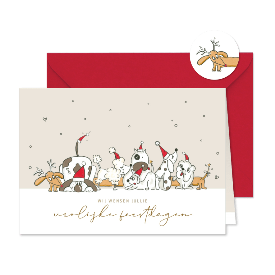 Kerstkaart vrolijke honden bende met kerstmutsen - Kaartimpressie