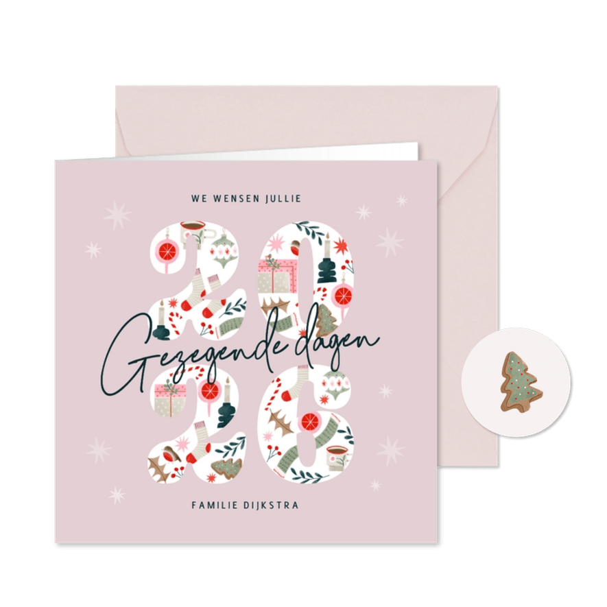 Kerstkaart vrolijke illustraties 2026 gezegende dagen - Kaartimpressie