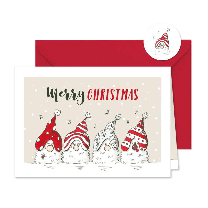 Kerstkaart vrolijke kabouters met kerstmutsen - Kaartimpressie