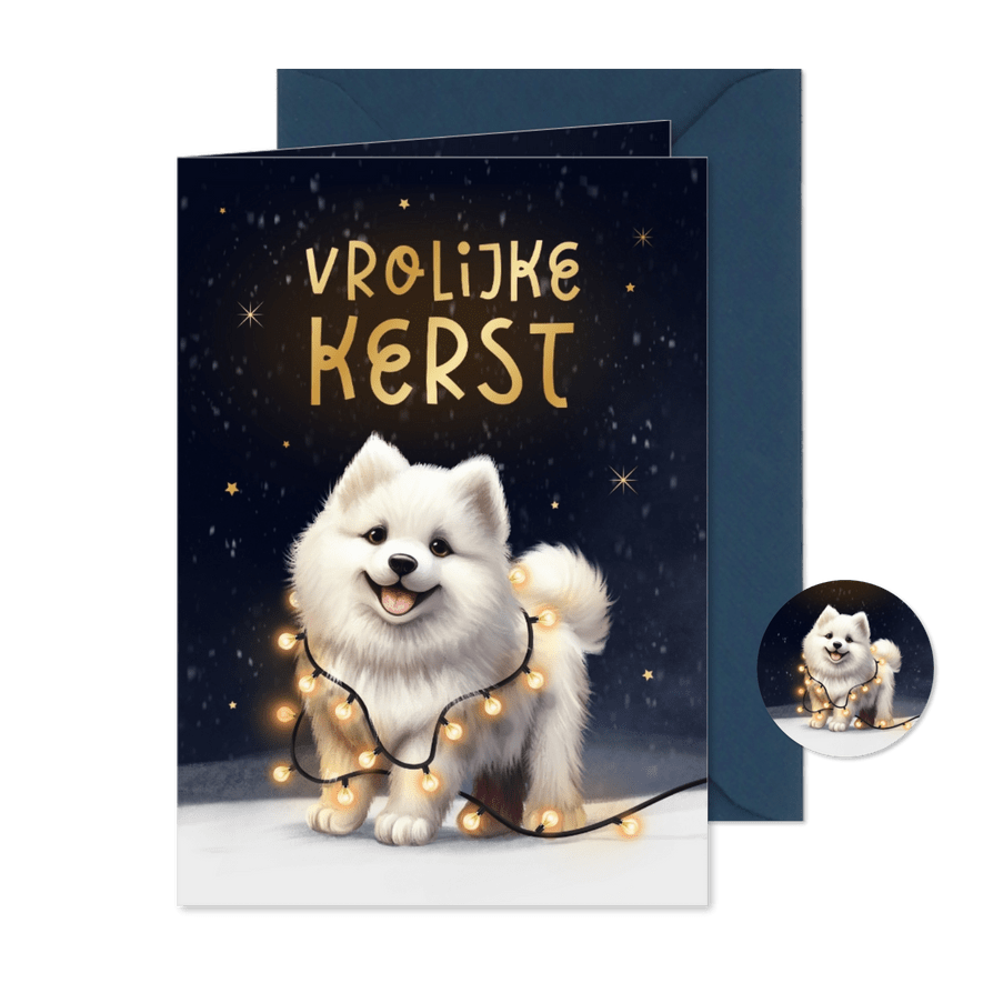 Kerstkaart vrolijke kerst hond Samojeed puppy winter lampjes - Kaartimpressie