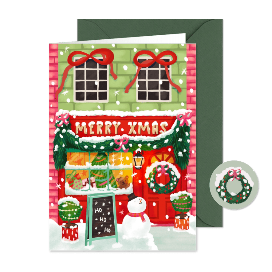 Kerstkaart vrolijke kerst winkel merry Xmas met sneeuwpop - Kaartimpressie